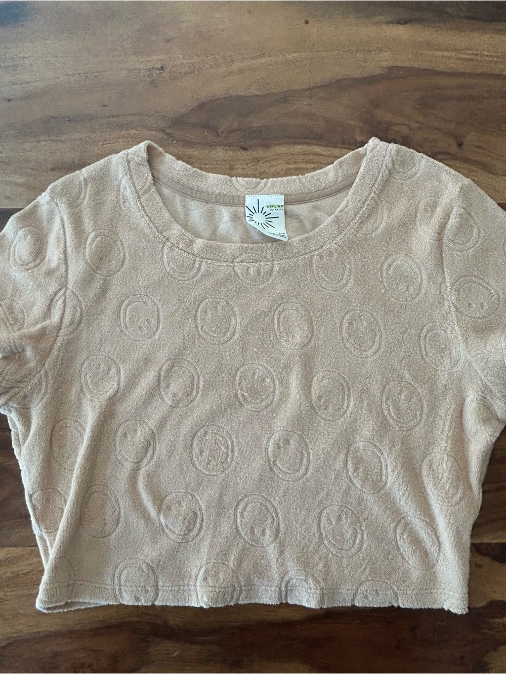 OFFLINE by Aerie tan terry cloth crop top embossed smiley face pattern small